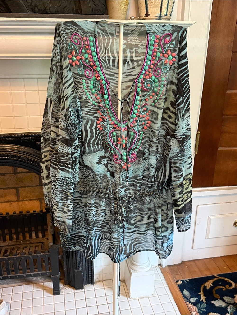 Boston Proper Teal Animal-Print Embroidered V-Neck Tunic/cover up- worn twice.